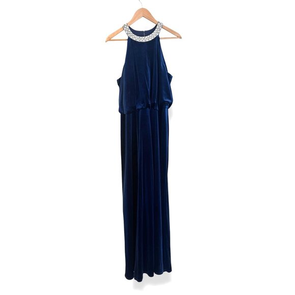 Marina Midnight Blue Velvet Blouson Embellished Long Gown Size 16W 1X Dress Plus - Picture 9 of 9